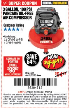 Harbor Freight Coupon 3 GALLON, 100 PSI PANCAKE OIL-FREE AIR COMPRESSOR Lot No. 61615/60637/95275 Expired: 7/31/18 - $44.99