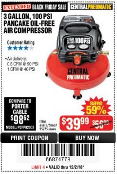 Harbor Freight Coupon 3 GALLON, 100 PSI PANCAKE OIL-FREE AIR COMPRESSOR Lot No. 61615/60637/95275 Expired: 12/2/18 - $39.99