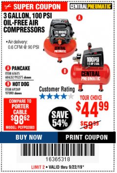 Harbor Freight Coupon 3 GALLON, 100 PSI PANCAKE OIL-FREE AIR COMPRESSOR Lot No. 61615/60637/95275 Expired: 9/22/19 - $44.99