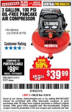 Harbor Freight Coupon 3 GALLON, 100 PSI PANCAKE OIL-FREE AIR COMPRESSOR Lot No. 61615/60637/95275 Expired: 12/8/19 - $39.99