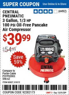 Harbor Freight Coupon 3 GALLON, 100 PSI PANCAKE OIL-FREE AIR COMPRESSOR Lot No. 61615/60637/95275 Expired: 12/31/20 - $39.99