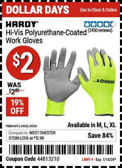 Harbor Freight Coupon HARDY HI-VIS POLYURETHANE-COATED WORK GLOVES Lot No. 64242/64243/64474 Valid Thru: 1/14/26 - $2