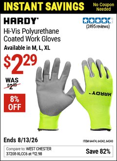 Harbor Freight Coupon HARDY HI-VIS POLYURETHANE-COATED WORK GLOVES Lot No. 64242/64243/64474 Valid Thru: 8/13/26 - $2.29