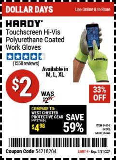 Harbor Freight Coupon POLYURETHANE COATED HI-VIS WORK GLOVES Lot No. 64474/64242/64243 Expired: 7/31/22 - $0.02