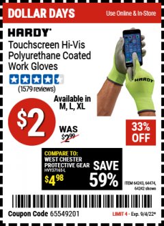Harbor Freight Coupon POLYURETHANE COATED HI-VIS WORK GLOVES Lot No. 64474/64242/64243 Expired: 9/4/22 - $2