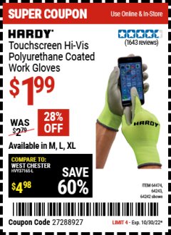 Harbor Freight Coupon POLYURETHANE COATED HI-VIS WORK GLOVES Lot No. 64474/64242/64243 Expired: 10/30/22 - $1.99