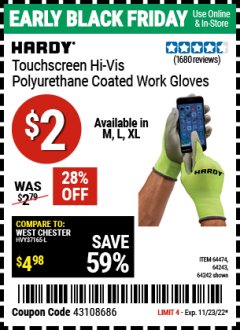 Harbor Freight Coupon POLYURETHANE COATED HI-VIS WORK GLOVES Lot No. 64474/64242/64243 Expired: 11/23/22 - $2