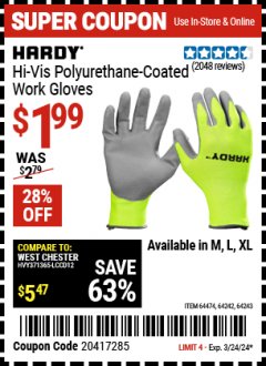 Harbor Freight Coupon HARDY HI-VIS POLYURETHANE-COATED WORK GLOVES Lot No. 64242/64243/64474 Expired: 3/19/24 - $1.99