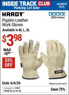 Harbor Freight ITC Coupon HARDY PIGSKIN LEATHER WORK GLOVES Lot No. 64172/64173/57387/64174/57386 Expired: 6/4/26 - $3.98