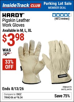 Harbor Freight ITC Coupon HARDY PIGSKIN LEATHER WORK GLOVES Lot No. 64172/64173/57387/64174/57386 Valid Thru: 8/13/26 - $3.98