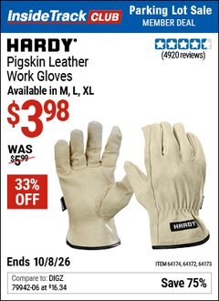 Harbor Freight ITC Coupon HARDY PIGSKIN LEATHER WORK GLOVES Lot No. 64172/64173/57387/64174/57386 Expired: 10/8/26 - $3.98