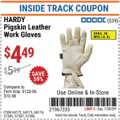 Harbor Freight ITC Coupon PIGSKIN LEATHER WORK GLOVES Lot No. 64174/64172/64173 Expired: 7/28/20 - $4.49