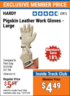 Harbor Freight ITC Coupon PIGSKIN LEATHER WORK GLOVES Lot No. 64173/57387/64174/57386/64172 Expired: 10/31/20 - $4.49