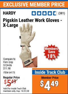 Harbor Freight ITC Coupon PIGSKIN LEATHER WORK GLOVES Lot No. 64173/57387/64174/57386/64172 Expired: 10/31/20 - $4.49
