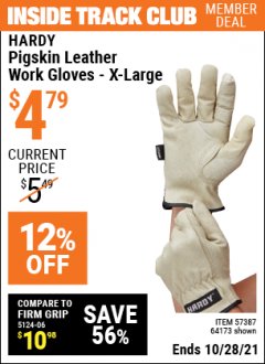 Harbor Freight ITC Coupon PIGSKIN LEATHER WORK GLOVES Lot No. 64174/64172/64173 Expired: 10/28/21 - $4.79