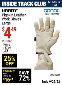Harbor Freight ITC Coupon PIGSKIN LEATHER WORK GLOVES Lot No. 64173/57387/64174/57386/64172 Expired: 9/29/22 - $4.49