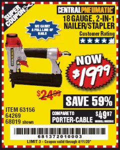 Harbor Freight Coupon 18 GAUGE, 2-IN-1 NAILER/STAPLER Lot No. 63156/64269/68019 Expired: 6/30/20 - $19.99