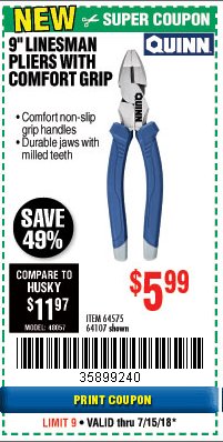 Harbor Freight Coupon 9" LINESMAN PLIERS WITH COMFORT GRIP Lot No. 64107/64575 Expired: 7/15/18 - $5.99