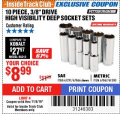 Harbor Freight ITC Coupon 10 PIECE 3/8" DRIVE HIGH VISIBILITY DEEP SOCKET SETS Lot No. 67866/61291/67867/61300 Expired: 11/5/19 - $8.99