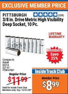 Harbor Freight ITC Coupon 10 PIECE 3/8" DRIVE HIGH VISIBILITY DEEP SOCKET SETS Lot No. 67866/61291/67867/61300 Expired: 12/31/20 - $8.99