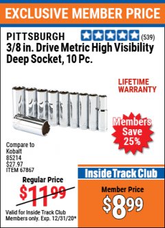 Harbor Freight ITC Coupon PITTSBURGH PRO 3/8 IN. DRIVE HIGH-VISIBILITY DEEP SOCKET SET, 10-PIECE Lot No. 67867/61291 Expired: 12/31/20 - $8.99