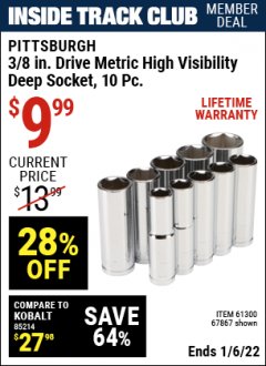 Harbor Freight ITC Coupon PITTSBURGH PRO 3/8 IN. DRIVE HIGH-VISIBILITY DEEP SOCKET SET, 10-PIECE Lot No. 67867/61291 Expired: 1/6/22 - $9.99