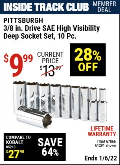 Harbor Freight ITC Coupon PITTSBURGH PRO 3/8 IN. DRIVE HIGH-VISIBILITY DEEP SOCKET SET, 10-PIECE Lot No. 67867/61291 Expired: 1/6/22 - $9.99