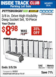 Harbor Freight ITC Coupon PITTSBURGH PRO 3/8 IN. DRIVE SAE HIGH-VISIBILITY DEEP SOCKET SET, 10-PIECE Lot No. 61291/67867 Expired: 3/5/26 - $8.98