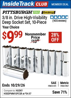 Harbor Freight ITC Coupon PITTSBURGH PRO 3/8 IN. DRIVE HIGH-VISIBILITY DEEP SOCKET SET, 10-PIECE Lot No. 61291/67867 Valid Thru: 10/29/26 - $9.99