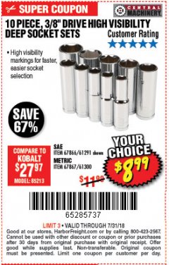 Harbor Freight Coupon PITTSBURGH PRO 3/8 IN. DRIVE HIGH-VISIBILITY DEEP SOCKET SET, 10-PIECE Lot No. 67867/61291 Expired: 7/31/18 - $8.99