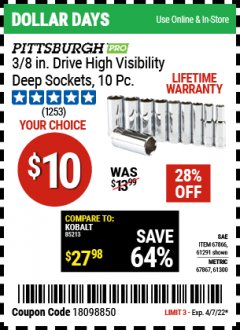Harbor Freight Coupon 10 PIECE 3/8" DRIVE HIGH VISIBILITY DEEP SOCKET SETS Lot No. 67866/61291/67867/61300 Expired: 4/7/22 - $10