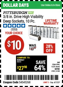 Harbor Freight Coupon PITTSBURGH PRO 3/8 IN. DRIVE HIGH-VISIBILITY DEEP SOCKET SET, 10-PIECE Lot No. 67867/61291 Expired: 4/7/22 - $10