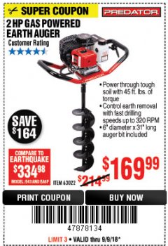 Harbor Freight Coupon PREDATOR 2 HP GAS POWERED EARTH AUGER WITH 6" BIT Lot No. 63022/56257 Expired: 9/9/18 - $169.99