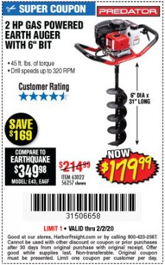 Harbor Freight Coupon PREDATOR 2 HP GAS POWERED EARTH AUGER WITH 6" BIT Lot No. 63022/56257 Expired: 2/2/20 - $179.99
