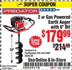 Harbor Freight Coupon PREDATOR 2 HP GAS POWERED EARTH AUGER WITH 6" BIT Lot No. 63022/56257 Expired: 10/15/20 - $179.99