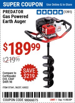 Harbor Freight Coupon PREDATOR 2 HP GAS POWERED EARTH AUGER WITH 6" BIT Lot No. 63022/56257 Expired: 11/30/20 - $189.99