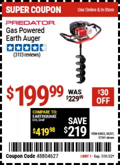 Harbor Freight Coupon PREDATOR 2 HP GAS POWERED EARTH AUGER WITH 6" BIT Lot No. 63022/56257 Expired: 7/31/22 - $199.99