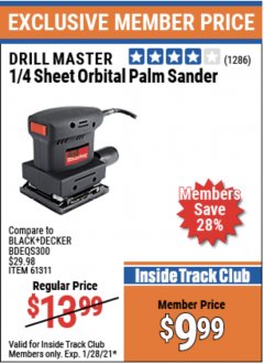 Harbor Freight ITC Coupon 1/4" SHEET ORBITAL PALM SANDER Lot No. 61509/61311 Expired: 1/28/21 - $9.99