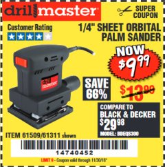 Harbor Freight Coupon 1/4" SHEET ORBITAL PALM SANDER Lot No. 61509/61311 Expired: 11/30/18 - $9.99