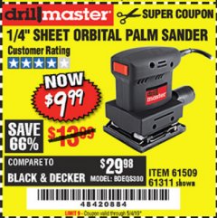 Harbor Freight Coupon 1/4" SHEET ORBITAL PALM SANDER Lot No. 61509/61311 Expired: 5/4/19 - $9.99