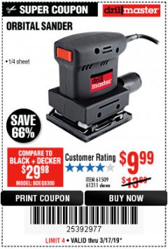 Harbor Freight Coupon 1/4" SHEET ORBITAL PALM SANDER Lot No. 61509/61311 Expired: 3/17/19 - $9.99