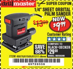 Harbor Freight Coupon 1/4" SHEET ORBITAL PALM SANDER Lot No. 61509/61311 Expired: 10/27/19 - $9.99