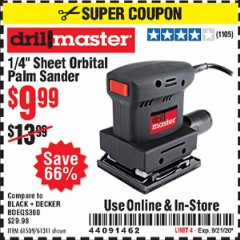 Harbor Freight Coupon 1/4" SHEET ORBITAL PALM SANDER Lot No. 61509/61311 Expired: 9/21/20 - $9.99