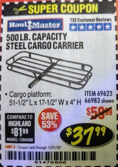 Harbor Freight Coupon STEEL CARGO CARRIER Lot No. 66983/69623 Expired: 12/31/18 - $37.99