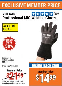 Harbor Freight ITC Coupon PROFESSIONAL MIG WELDING GLOVES Lot No. 63488 Expired: 9/21/20 - $14.99