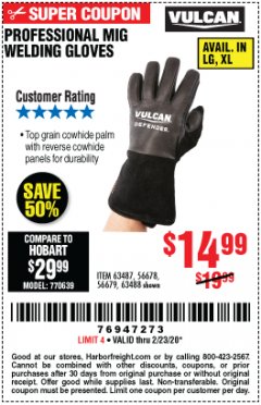 Harbor Freight Coupon PROFESSIONAL MIG WELDING GLOVES Lot No. 63488 Expired: 2/23/20 - $14.99