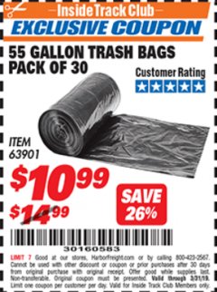 Harbor Freight ITC Coupon 55 GALLON TRASH BAGS Lot No. 63901 Expired: 3/31/19 - $10.99