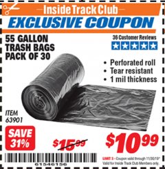 Harbor Freight ITC Coupon 55 GALLON TRASH BAGS Lot No. 63901 Expired: 11/30/19 - $10.99