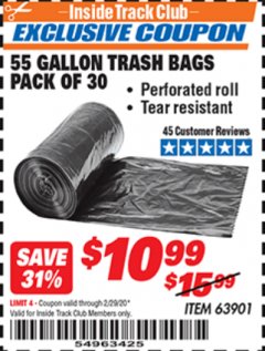 Harbor Freight ITC Coupon 55 GALLON TRASH BAGS Lot No. 63901 Expired: 2/29/20 - $10.99