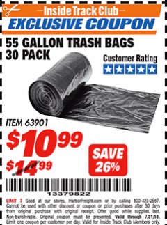 Harbor Freight ITC Coupon 55 GALLON TRASH BAGS Lot No. 63901 Expired: 7/31/18 - $10.99